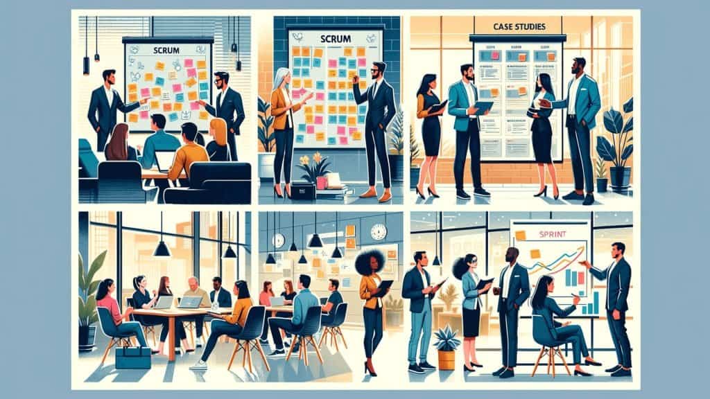 Vibrant illustration of Scrum study cases: diverse teams collaborate on projects using agile methods in a dynamic, tech-enabled office setting.